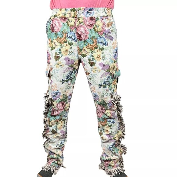 Vintage Guapi Floral Tapestry Mid Rise Frayed Edge Cargo Trouser Pants Size 30 - Picture 1 of 16